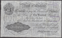Bank of England, Basil G. Catterns, £100, Manchester, 13 April 1931, serial number 70/Y 75747, two purple...