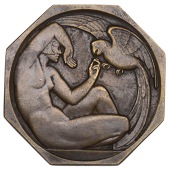 FRANCE, Femme à l’ara [Woman with a Macaw], 1926, an Art Déco uniface octagonal bronze plaque by M. Delannoy for...