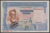 Banco de Espana, specimen 25 Pesetas, 31 August 1936, serial number 0000000, black De La Rue seal, mounting traces...