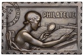 FRANCE, Philatélie, 1938, an Art Déco uniface bronze award plaque in the shape of a postage stamp by R. Cochet,...