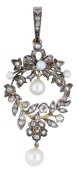 A cultured pearl and diamond pendant, of garland design, set throughout with rose-cut diamonds and seed pearl...