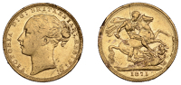 Victoria (1837-1901), Sovereign, 1871, St. George rev., small bp (M 84; S 3856A). Surface marks and rim damage, good...