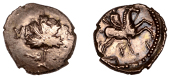British Iron Age, ATREBATES and REGNI, Verica (c. AD 10-40), gold Stater, class 5c [Leaping Horse type], vine leaf...