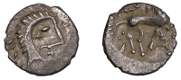 British Iron Age, ICENI, Uninscribed issues, silver Unit, Norfolk God [Moustache] type, stylised male head right,...