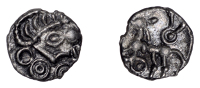 British Iron Age, ATREBATES and REGNI, Commios (c. 50-25 BC), silver Minim, Moon Head type, moon head left, curved...