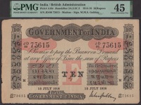 Government of India, 10 Rupees, Madras, 13 July 1918, serial number JD/80 73615, Gubbay signature, usual spindle...