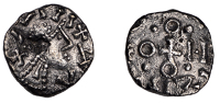 Early Anglo-Saxon Period, Sceatta, Primary series F, head right with pelleted helmet, pseudo-legend of strokes xs...
