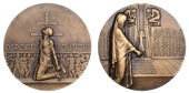 FRANCE, Déporté Politique [Deported Politics], 1945, a bronze medal by L.-G. Bazor, kneeling prisoner with hands...