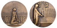 FRANCE, Déporté Politique [Deported Politics], 1945, a bronze medal by L.-G. Bazor, kneeling prisoner with hands...