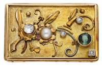 A gem-set brooch/pendant, possibly German, the textured rectangular panel with raised polished border, supporting a...