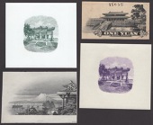 Central Bank of China, a die proof vignette of a temple from the 1 Yuan, 1936, a vignette of a snow-capped volcano,...