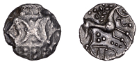 British Iron Age, ICENI, Antedios (c. AD 10-30), silver Unit, Antd D-Bar type, double crescent emblem on vertical...