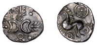 British Iron Age, ICENI, Uninscribed issues, a contemporary plated imitation of a silver Unit, Crescent Corn Ears...