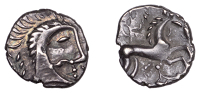 British Iron Age, ICENI, Uninscribed issues, silver Unit, Norfolk God [Moustache] type, stylised male head right,...