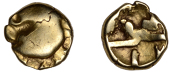 British Iron Age, REGNI, Early Uninscribed issues, gold Quarter-Stater, Phallic Geometric [British Ad] type, trace...