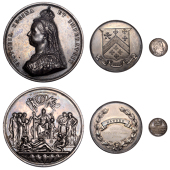Victoria, Golden Jubilee, 1887, a silver medal by L.C. Wyon after Sir J.E. Boehm and Sir F. Leighton, crowned bust...