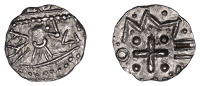 Early Anglo-Saxon Period, Sceatta, Continental series D, disintegrating bust right with flat ‘crown’,...