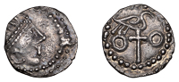 Early Anglo-Saxon Period, Sceatta, Secondary series J, type 84, diademed head right, rev. bird right on cross, no...
