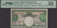 Board of Commissioners of Currency Malaya, $1, 1 January 1940, serial number A/8 056151, Weisberg signature, minor...
