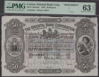 Oriental Bank Corporation, Ceylon, printers archival specimen 50 Rupees, Colombo, 1 January 1881, serial number...