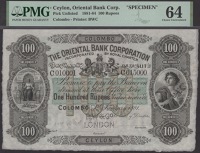Oriental Bank Corporation, Ceylon, printers archival specimen 100 Rupees, Colombo, 1 January 1881, serial number...