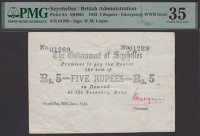 Government of Seychelles, WWII emergency issue 5 Rupees, 20 June 1942, serial number 01289, red Logan signature, in...