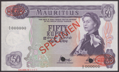Bank of Mauritius, specimen 50 Rupees, ND (1987), serial number A/4 000000, red SPECIMEN overprint and De La Rue...