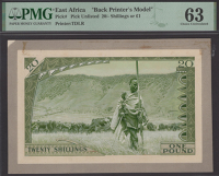 East African Currency Board, hand executed composite essay on board showing the reverse of an unadopted 20...