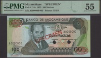 Banco de Mocambique, specimen 100 Meticais, 25 June 1975, serial number A0000000, red SPECIMEN overprint and De La...