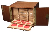 19th Century Tokens, The Brecker cabinet: A wooden coin cabinet by St Leonards, 22.5 x 17.5 x 18cm, comprising 14...