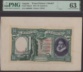 Banco de Angola, partially hand-executed obverse and reverse composite essays for 50 Angolares, 1 October 1944,...