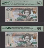 Eastern Caribbean Central Bank, $100 (2), ND (2001), serial numbers C329591D-92D, also $100, ND (2008), serial...