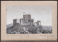 Morocco, a black-and-white photograph, subsequently painted over by hand showing Ait Hamou or Said Kasbah, in the...