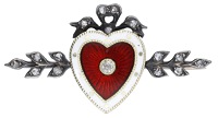 A late 19th century enamel and diamond heart brooch, the red and white enamel heart with dot decoration and a...