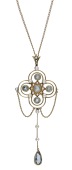 An early 20th century aquamarine and seed pearl pendant, the pierced quatrefoil with swag decoration and set...