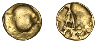 British Iron Age, GALLO-BELGIC, gold quarter-Stater, ‘Branch’ type [Gallo-Belgic D], trace of ‘two men in a...