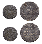 17th Century Tokens, Glemsford, Edmond Bigges, Farthing, 0.83g/12h (N –; BW. 131); Giles Midleditch, Halfpenny,...