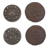 17th Century Tokens, Halesworth, Michaell Barfoot, Halfpenny, 1668, 1.94g/12h (N 4344; BW. 145); Samuel Watts,...