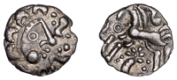 British Iron Age, DOBUNNI, Uninscribed issues, silver Unit, Cotswold Eagle type [Head Type B], moon head right,...