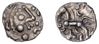 British Iron Age, DOBUNNI, Uninscribed issues, silver Unit, Cotswold Eagle type [Head Type B], moon head right,...