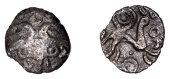 British Iron Age, BELGAE, Uninscribed issues, silver Half-Unit or Minim, Clanfield Anemone type, crossed wreaths,...