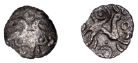 British Iron Age, BELGAE, Uninscribed issues, silver Half-Unit or Minim, Clanfield Anemone type, crossed wreaths,...