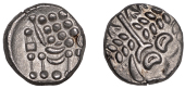 British Iron Age, DUROTRIGES, Uninscribed issues, silver Stater, Spread Tail type, devolved head of Apollo, two...