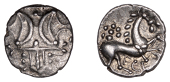 British Iron Age, ICENI, Ecen (c. AD 10-43), silver Unit, Trefoil type, double crescent emblem on vertical wreath,...