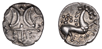 British Iron Age, ICENI, Ecen (c. AD 10-43), silver Unit, Trefoil type, double crescent emblem on vertical wreath,...