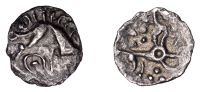 British Iron Age, ICENI, Uninscribed issues, silver Half-Unit, Norfolk Boar Ring type, stylised boar right, long...