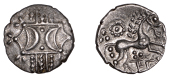 British Iron Age, ICENI, Antedios (c. AD 10-30), silver Unit, Antedi E-Type, double crescent emblem on vertical...