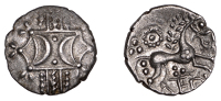 British Iron Age, ICENI, Antedios (c. AD 10-30), silver Unit, Antedi E-Type, double crescent emblem on vertical...