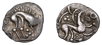 British Iron Age, ICENI, Uninscribed issues, silver Unit, Norfolk Boar Star type, stylised boar right, single front...