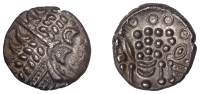 British Iron Age, DUROTRIGES, Uninscribed issues, silver Stater, Badbury Rings type, devolved head of Apollo...